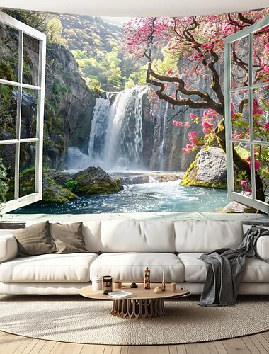  waterval raam uitzicht hangend tapijt kunst aan de muur groot tapijt muurschildering decor foto achtergrond deken gordijn thuis slaapkamer woonkamer decoratie cottagecore
