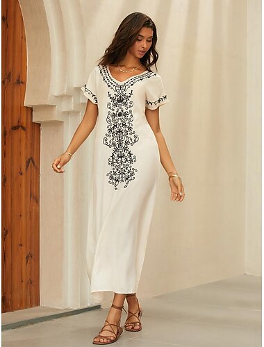  女性用 刺繍 ヴィンテージドレス ロングドレス マキシドレス フラワー Ｖネック 半袖 夏 春 ホワイト