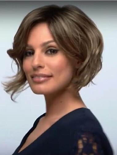  Kurze, blonde Ombré-Perücke mit welligem Bob für weiße Frauen, kinnlange blonde Bob-Perücke mit Highlights und braunen Wurzeln, natürlich aussehende synthetische Party-Perücke für den Alltag