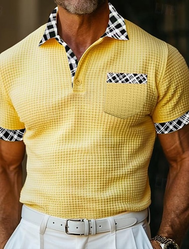  Herr Business Polo Golftröja Arbete Ledigt Kavajslag Klassisk Kortärmad Grundläggande Modern Färgblock Lappverk Knapp Vår & sommar Normal Ljusgul mjölkvit Khaki grön Grå Business Polo
