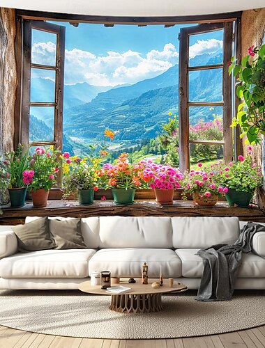  venster bergzicht hangend tapijt kunst aan de muur groot tapijt muurschildering decor foto achtergrond deken gordijn thuis slaapkamer woonkamer decoratie cottagecore