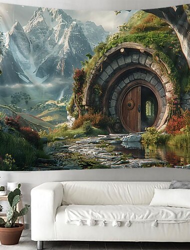  hobbit trädhus hängande gobeläng väggkonst stor gobeläng väggmålning dekor fotografi bakgrund filt gardin hem sovrum vardagsrum dekoration