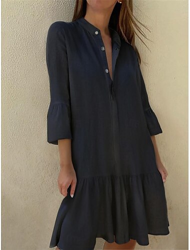 Damen Schwarz Weiß Blau Sommer Frühling Midikleid Leinen-inspirierte Kleider Weißes Kleid Hemdblusenkleid Basic Lässig Täglich Wochenende Lässiger Schnitt Einfach Stehkragen