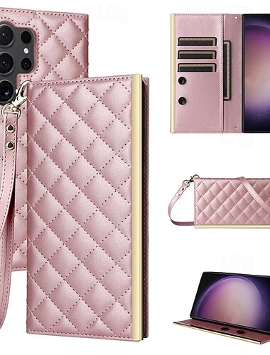  هاتف غطاء من أجل سامسونج جالاكسي S24 S23 S22 S21 S20 Ultra Plus FE S10 S9 Plus اس 25 الترا حافظة بطاقة المحفظة مع الحبل مع رباط المعصم مسند الدراجة نموذج هندسي TPU جلد PU