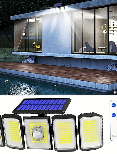  ソーラー フラッド ライト 屋外 モーション センサー 300 LED 5 ヘッド ソーラー パワー モーション センサー リモコン付き 夕暮れから夜明けまで 3 つの照明モード