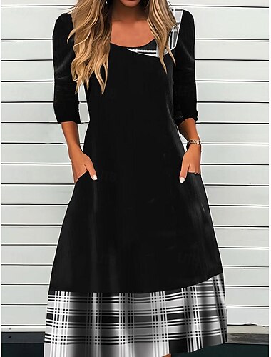  Damen Midi Kleid Lässiges Kleid Winter Kleid Schürzenkleid Mode Bescheiden Formal Outdoor Zuhause Lockerer Schnitt Karomuster Lange Ärmel Rundhals Schwarz Weinrot Herbst Winter