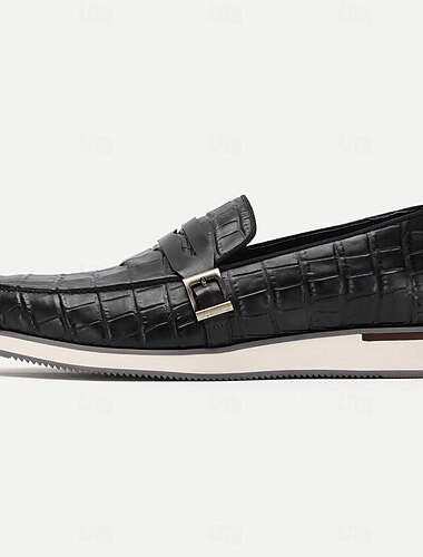  Herren Halbschuhe Leder schwarz braun Krokoprägung Metallschnalle