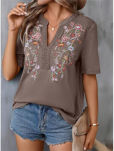 Mulheres Camisa de renda Camiseta Floral Moda Moderno Meia Manga Decote V Tops regulares Férias Diário Renda Patchwork Bordado Preto Verde Tropa Azul Marinha Roxo Marron Verão   Mulheres Camisa de renda Camiseta Floral Moda Moderno Meia Manga Decote V Tops regulares Férias Diário Renda Patchwork Bordado Preto Verde Tropa Azul Marinha Roxo Marron Verão