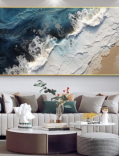  大きな手描きの海キャンバス油絵手作り青い海の風景抽象絵画手描き白波絵画テクスチャ海の絵画母ギフト用リビングルームの装飾