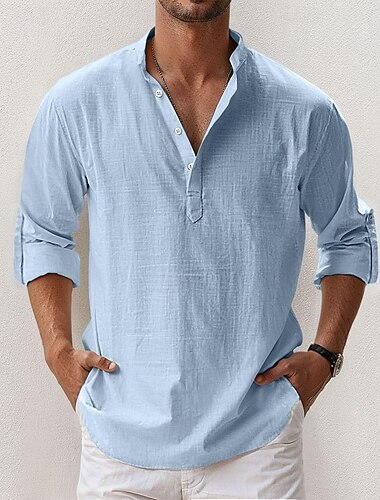  Herren leinenhemd Hemd mit Stehkragen Popover-Shirt Sommerhemd Strandbekleidung Lässiges Hemd Glatt Hawaiianisch Festtage Schwarz Weiß Rosa Blau Langarm Henley Frühling Sommer Bekleidung