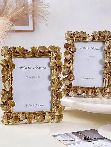 cadre photo vintage en résine dorée avec bordure florale de feuille de ginkgo - pièce de décoration de bureau élégante au design rétro, parfaite pour mettre en valeur des souvenirs précieux