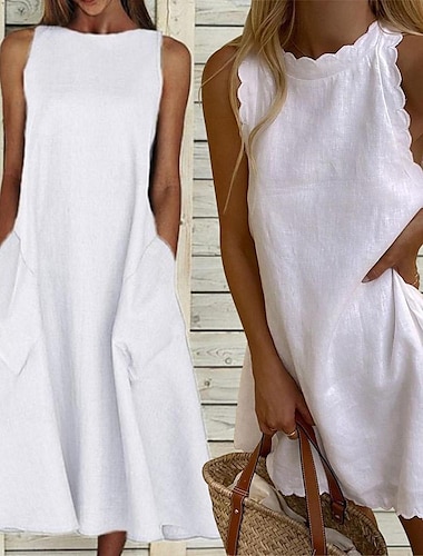  Damen Weißes Kleid Midikleid Tasche Verabredung Urlaub Strassenmode Rundhalsausschnitt Ärmellos Weiß Farbe