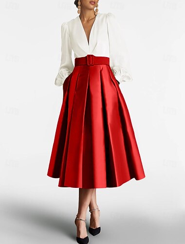  A-linje Te-lengde Cocktailkjoler Festkjoler Elegant Fargeblokk Silkete Langermet V-hals Formell Bryllupsgjest Sateng med Bølgemønster 2025