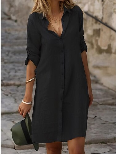  Damen Schwarz Weiß Blau Sommer Frühling Minikleid Baumwoll-Leinen-Kleider Hemdblusenkleid Weißes Baumwollkleid Urlaub Basic Modern Täglich Wochenende Lässiger Schnitt Einfach Hemdkragen