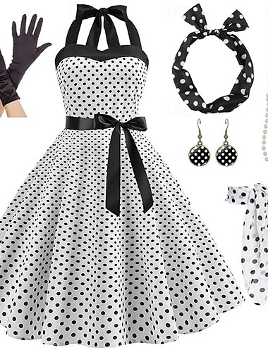  50er Jahre Vintage inspiriertes A-Linien-Kleid Swingkleid Accessoires Set Schlagkleid Damenkostüm Vintage Cosplay Date Party&amp;Abend-Festival-Seidenschal in A-Linie