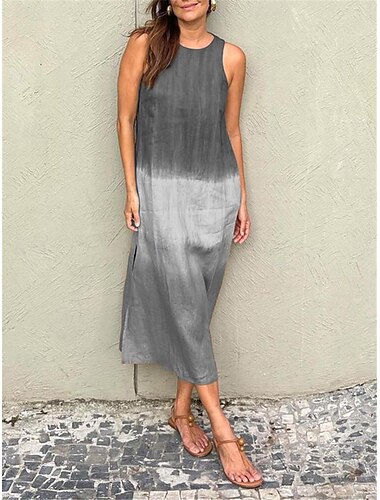  Damen Langes Kleid Maxikleid Maxikleid Leinen-inspirierte Kleider Baumwoll-Leinenkleid Sommerkleid Baumwoll-Sommerkleid Stilvoll Urlaub Täglich Date Normale Passform Ombre Kurzarm Rundhalsausschnitt