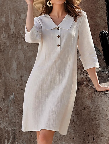  Mujer Vestido informal Vestido de lino de algodón Mini vestido Básico Básico Diario Vacaciones Cuello Camisero Manga 3/4 Verano Primavera Blanco Plano