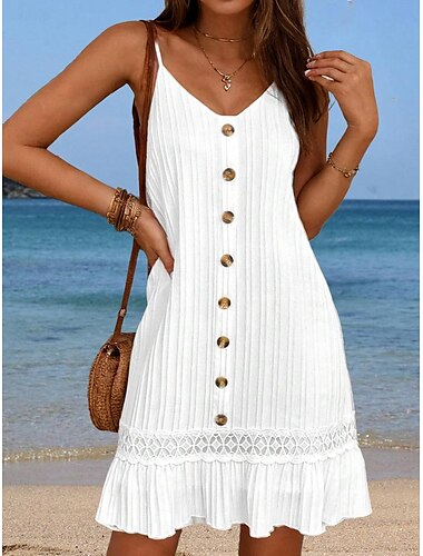  نسائي فستان أبيض فستان قصير دانتيل أزرار أنيق بوهيميا V رقبة 3/4 الكم أبيض اللون