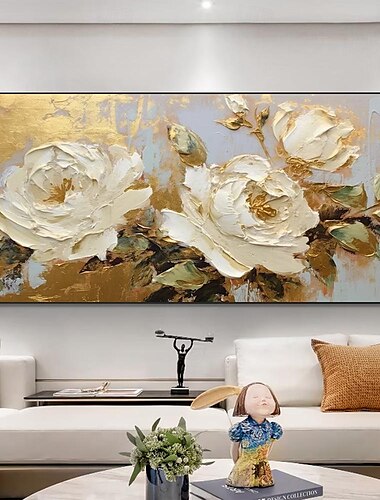  Mintura pinturas al óleo florales doradas hechas a mano sobre lienzo, decoración artística de pared grande, imagen de flor blanca abstracta moderna para decoración del hogar, pintura enrollada sin