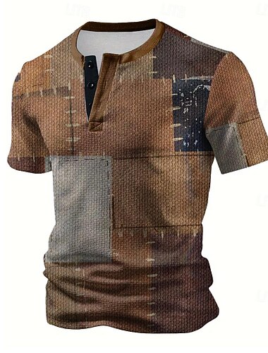  Homme Plaid T shirt Chemise Henley Shirt Manche Courte 3D effet Design Casual du quotidien Eté Marron Henley T-shirt Henley