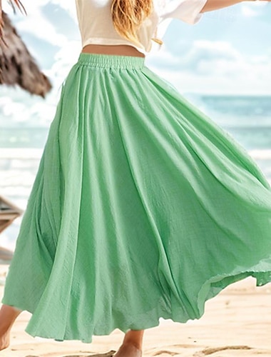  Women's Swing Long Skirt Maxi Skirts Layered Long Solid Colored Holiday Casual Daily Spring & Summer Linen Cotton Blend Casual Summer Light Yellow Pink purple Mint Green Lavender