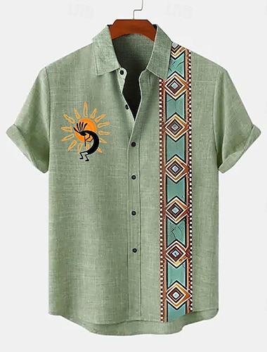  男性用 リネン 20% シャツ 半袖 折襟 グリーン, カーキ色, ベージュ シャツ 日常
