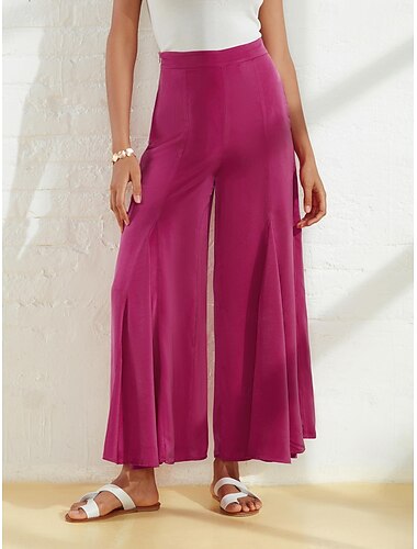  Women's Wide Leg Pants Burgundy Satin Pocket Casual Elegant Loose Fit Pants Spring Summer