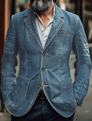  Men's Blazer Denim Jacket Business Daily Wear Pocket Spring Fall Plain Fashion Streetwear Lapel Regular Denim Dark Blue Light Blue Jacket