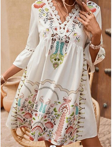  Women's Mini Dress Petite Dress Casual Dress Summer Dress Boho Dress Stylish Casual Vacation Daily Date Regular Fit Floral 3/4 Length Sleeve V Neck Black Red Fuchsia Apricot Summer