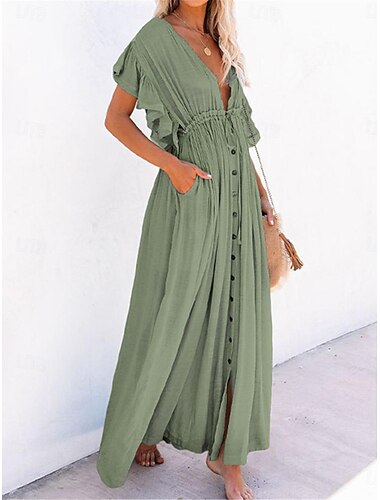  Damen Weißes Kleid Maxidress Rüsche Taste Urlaub Strand Böhmen V Ausschnitt Kurzarm Schwarz Weiß Rosa Farbe