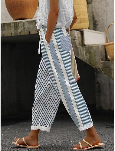  Damen Hose aus Baumwollleinen Hosen Hose Alltagstauglich Knöchellang Grafik Gestreift Kordelzug Seitentaschen Atmungsaktivität Bequem Mikroelastisch Wochenende Königliches Blau Blau Himmelblau