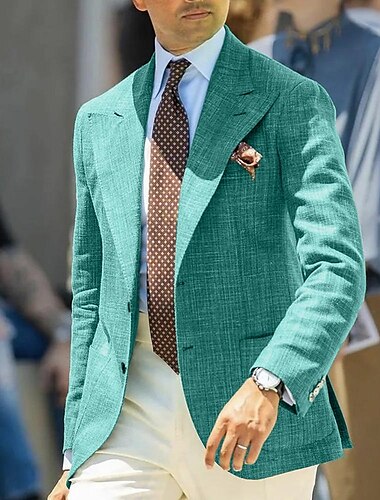  Veste blazer en lin pour hommes, décontractée, pour mariage, plage, coupe ajustée, couleur unie, simple boutonnage, deux boutons, vert, 2024