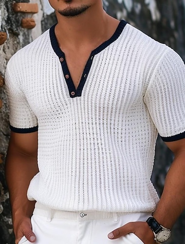  Herren Waffel-Henley-Hemd T-Shirt Feste Farbe Henley Outdoor Casual Kurzarm Taste Bekleidung Modisch Designer Komfortabel