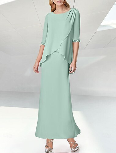  Strand Bruiloft Sheath Moeder van de Bruid Jurk Elegante Edelsteen Hals Vloer Lengte Chiffon Halve Mouw met Pailletten Ruches 2025 gratis op maat gemaakt