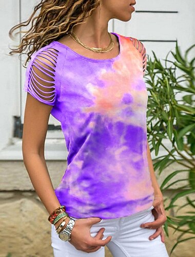  Damen T Shirt Batik Modisch Kurzarm Rundhalsausschnitt Normale Oberteile Täglich Wochenende Ausgeschnitten Bedruckt Rosa Wein Blau Purpur Grün Sommer