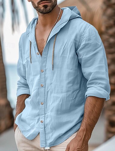  男性用 シャツ リネンシャツ ブラック ホワイト ブルー 長袖 平織り フード付き 春夏 カジュアル 日常 衣類 ボタン