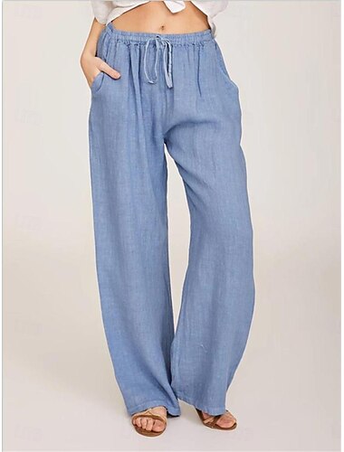  Mujer Pijamas Ropa de salón Pantalones Color puro Confort Hogar Lino Transpirable Pantalón largo Bolsillo Cintura elástica Verano Negro Blanco