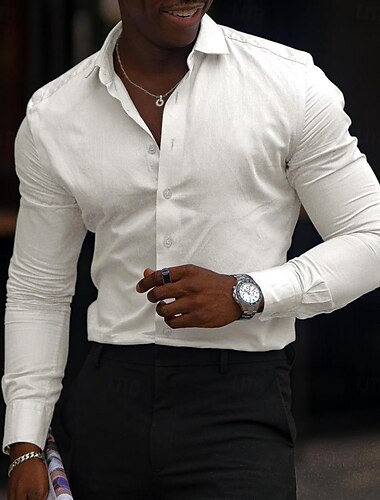  Per uomo Vestiti Camicia Standard Manica lunga Bavero Tinta unica Misto cotone Nero Bianco Blu 2023