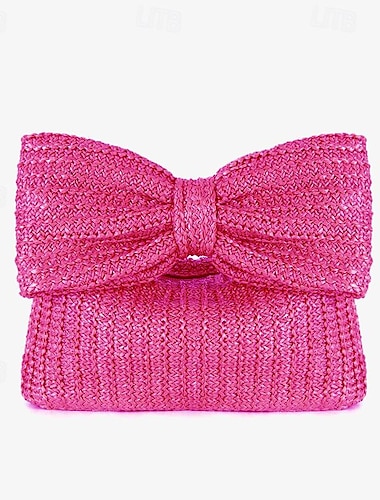  Damen Handtasche Clutch Handgelenk-Tasche Stroh Festtage Strand Reise Schleife Multi-Carry Webfaser Schwarz Khaki Regenbogen