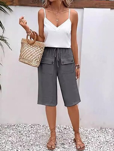  Mujer Pantalones cortos de lino y algodón Pantalón corto Casual / Diario Longitud de la rodilla Plano Bolsillo Correa Transpirabilidad Cómodo Rígido Fin de semana Negro Azul Marino Azul Piscina Beige