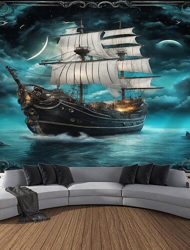  Piratenschip hangend tapijt kunst aan de muur groot tapijt muurschildering decor foto achtergrond deken gordijn thuis slaapkamer woonkamer decoratie