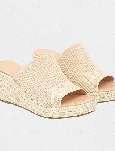  Damen Sandalen Hausschuhe Slippers Espadrille Täglich Keilabsatz Gestrickt Mandelfarben Schwarz