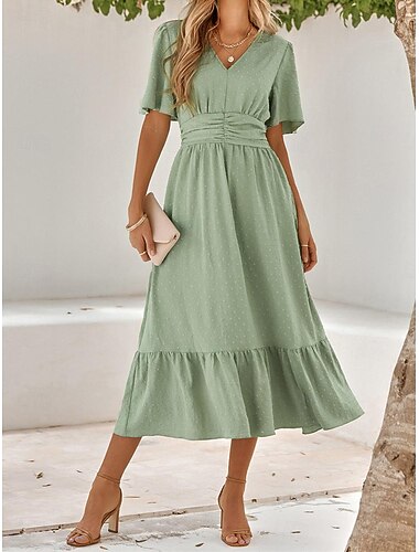  Women's Casual Dress Midi Dress Ruffle Trim Date Vacation Streetwear Casual V Neck Half Sleeve Brown Green Apricot Color