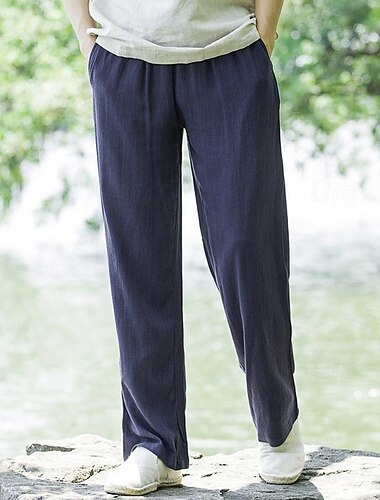  Hombre Pantalones de lino Pantalones Pantalones de verano Pantalones de playa Bolsillo Correa Cintura elástica Plano Comodidad Transpirable Diario Festivos Vacaciones Hawaiano Boho Negro Azul Marino