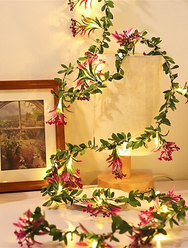  LED-Blumenlichterkette mit grünen Efeublättern, 2 m, 20 LEDs, batteriebetrieben, künstliche Girlande, Pflanzenranke, Lichterkette für Schlafzimmer, Hochzeit, Party, Urlaub, Terrasse