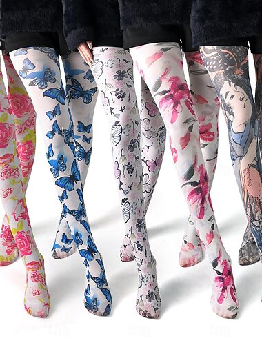  Strumpfhose für Damen, Geschenk, Alltag, Blume, Acrylfasern, lässig, Boho, lässig, Alltag, 1 Paar