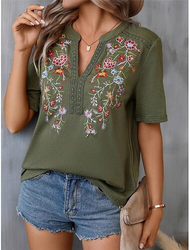  Damen Spitzenhemd T Shirt Blumen Modisch Modern Halbe Ärmel V Ausschnitt Normale Oberteile Urlaub Täglich Spitze Patchwork Bestickt Schwarz Armeegrün Marineblau Purpur Braun Sommer