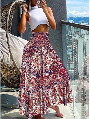  Women's Skirt A Line Swing Maxi Skirts Print Floral Paisley Holiday Vacation Summer Polyester Vintage Boho Black-White Black Red Navy Blue
