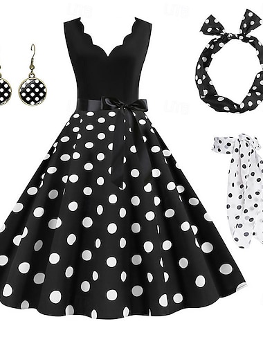  Vestido rockabilly de línea A para mujer, vestido oscilante de lunares, vestido acampanado con accesorios, conjunto retro vintage de los años 50 y 60 con diadema, bufanda de gasa, pendientes, gafas