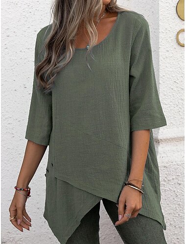  Overhemd Blouse Katoenen linnen overhemden Dames blauw Groen Grijs Effen Asymetrische zoom Straat Dagelijks Modieus Ronde hals Normale pasvorm S